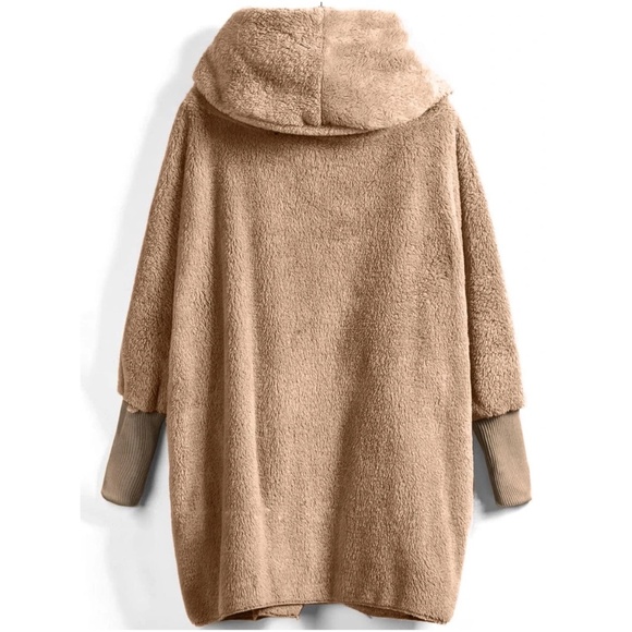 Cozy Tan Teddy Open Front Hoodie Jacket Coat - Picture 2 of 4